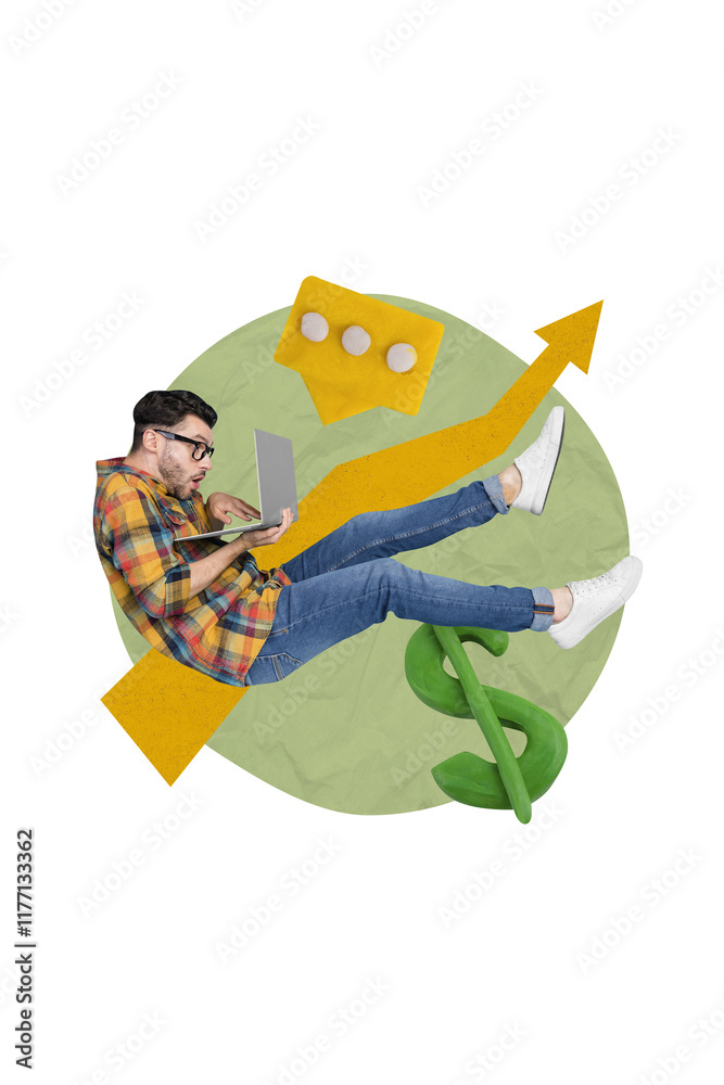 Poster photo creative 3d collage sketch of funky happy man flying air browsing netbook communicating writin
