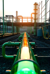 Green hydrogen energy pipeline of green color with industry facility, mindfulness theme, with white tones