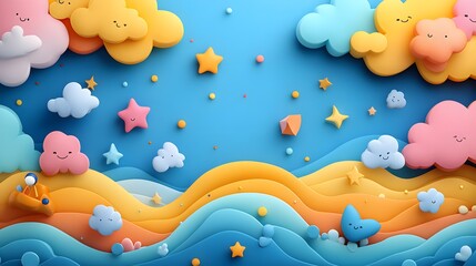 A colorful childrens day illustration with playful elements, toys, and a joyful background featuring soft clouds