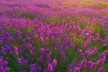 Naklejka premium Serene Lavender Flowers Swaying Gently in the Breeze During Golden Hour One With Nature in a Scenic Countryside Setting Captured in Wide Angle View