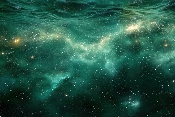 Underwater cosmic nebula, dark teal green, starry night, ocean depths.