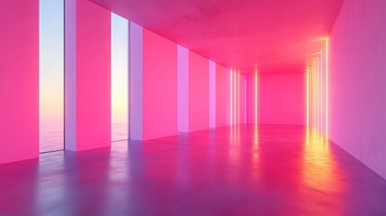 Fototapeta premium A bright and modern gallery with pops of pink lighting, evoking creativity and futuristic art styles.