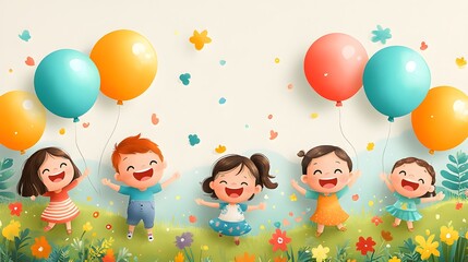 A fun childrens day poster with happy kids playing among colorful toys and balloons with a festive vibe