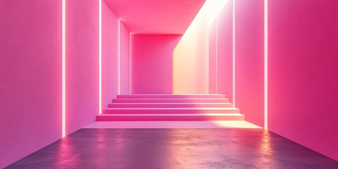 Obraz premium A bright and modern gallery with pops of pink lighting, evoking creativity and futuristic art styles.