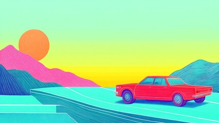 Vibrant Retro Car Illustration: A Stylish Digital Painting at Sunset. AI Generated