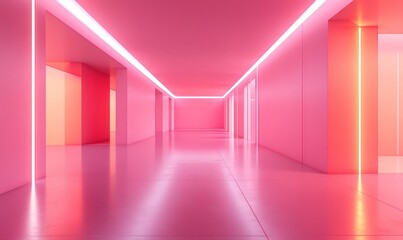 A bright and modern gallery with pops of pink lighting, evoking creativity and futuristic art styles.