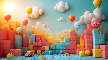 A vibrant poster for childrens day featuring colorful blocks, balloons, and toys against a sunny background