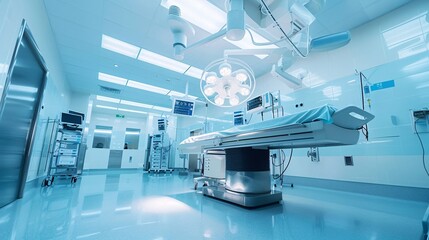 A state of the art surgical operating room equipped with the latest high tech medical equipment instruments and technology in a modern sterile healthcare facility