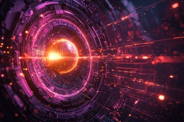 Obraz premium Glowing energy sphere in futuristic tunnel with fast light trails and digital particles