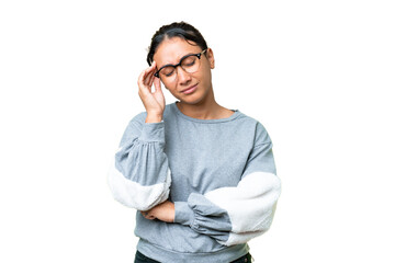 Young Uruguayan woman over isolated chroma key background with headache