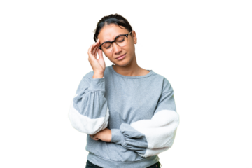 Young Uruguayan woman over isolated chroma key background with headache