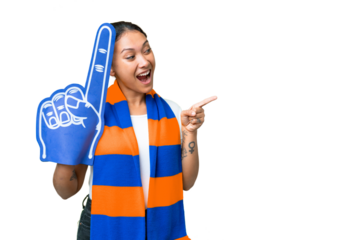 sports fan woman over isolated chroma key background pointing finger to the side and presenting a product