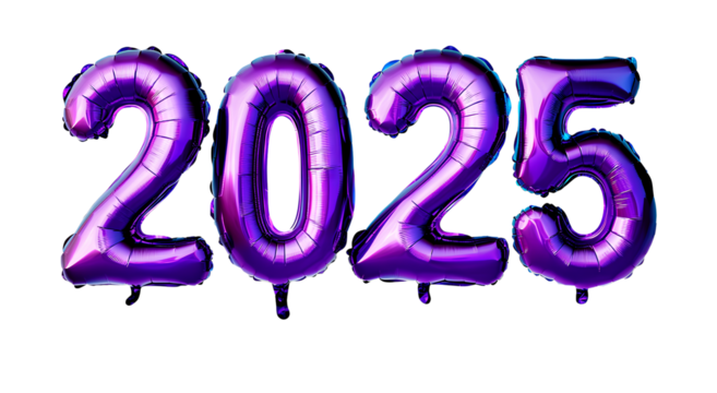  Year celebration, with purple and blue foil balloons in the shape of "2025", on a transparent background, in PNG format2025", purple and blue numbers in the shape of balloons, transparent background