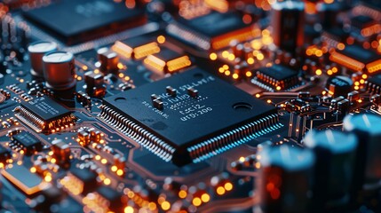 Closeup shot of an intricate microchip with various electronic components and connections on a computer circuit board  Futuristic technology concept with complex digital hardware and engineering