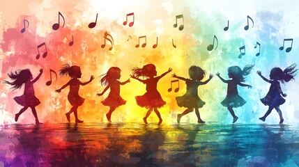 Naklejka premium A fun vector of kids dancing in a circle with musical notes and vibrant colors in the background