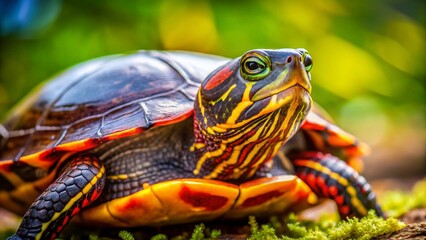 Obraz premium Adorable Red and Yellow Turtle with Bokeh Background - Stock Photo