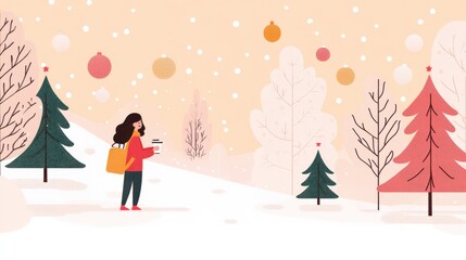 Charming Winter Scene Featuring a Woman with Coffee in a Snowy Landscape Surrounded by Colorful Trees and Decorative Ornaments against a Soft Background