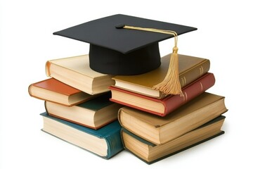 A Graduation Cap Elegantly Placed on a Neatly Stacked Pile of Colorful Books, Symbolizing Academic Achievement Against a Crisp White Background