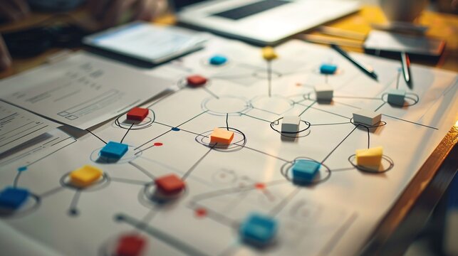 Creative brainstorming session in a modern office environment featuring analytical tools data visualization and interconnected ideas for business strategy and problem solving