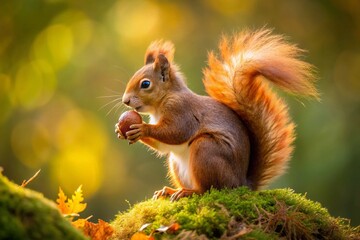 Fototapeta premium Adorable Red Squirrel Enjoying Nut, Fluffy Tail Up, Close-Up