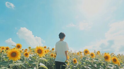 Fototapeta premium Tranquil Sunflowers: A Moment of Serenity in a Golden Field
