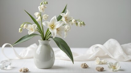 Fototapeta premium Minimalist White Lily Arrangement with Draped Fabric and Stone Accents