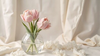 Fototapeta premium Minimalist Pink Tulips in Clear Glass Vase on White