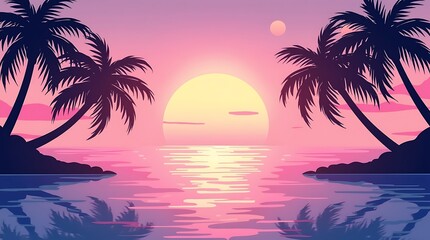 Pink Sunset Paradise: Tropical Beach Scene with Silhouetted Palm Trees and Calm Ocean at Dusk