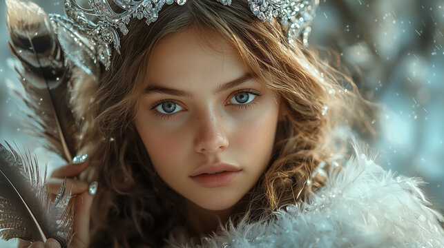 Gemini queen, dual in nature, with two distinct crowns: one of silver, the other of gold, reflecting her duality. Her gown is half silver, half gold, and her expression alternates