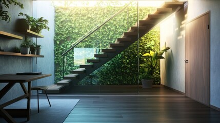 Obraz premium Modern Interior Design with Green Wall and Staircase