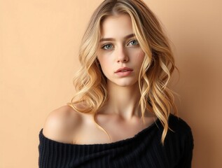 Captured is a young woman gazing confidently, her blonde locks flowing, on a warm neutral backdrop.