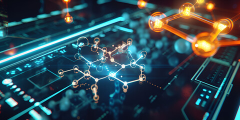 Molecule structure visualized in a futuristic digital interface, Advanced molecular science concept with glowing tech elements