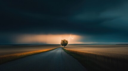 Lonely tree in stormy field with lightning at sunset