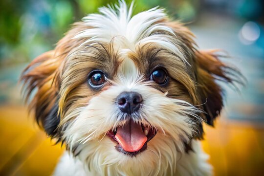 Adorable Shih Tzu Puppy Macro Photography: Close-Up of Playful Eyes and Nose