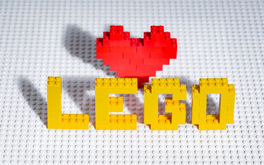 Obraz premium Lego inscription and heart made from Lego blocks for design purpose