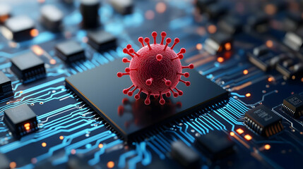A vibrant 3D rendering of a virus model positioned on a computer chip, symbolizing the intersection of technology and biological threats.