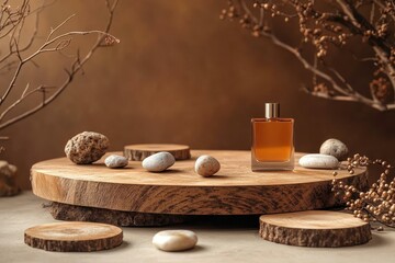 Natural Wood Display Stand with Perfume Bottle