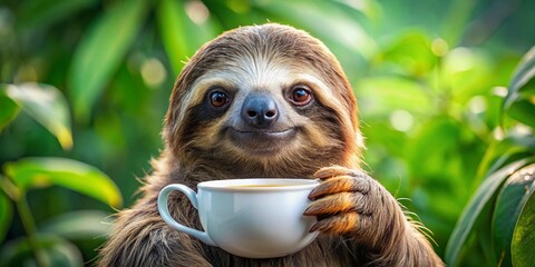 Adorable Sloth Enjoying a Coffee Break - Cute Animal Stock Photo