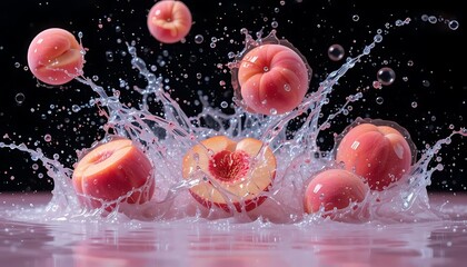 Fototapeta premium Peaches Splashing into Milk: A Delightful Summer Fruit Photography