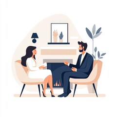 Professional conversation between two individuals in a cozy indoor setting, featuring a serene fireplace ambiance, stylish decor, and a warm atmosphere ideal for discussions or meetings.