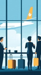 Obraz premium Business Travelers Observing Airplane Takeoff in Modern Airport Lounge with Luggage and Coffee at a Bright Sunny Day