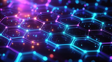 Glowing hexagonal network grid on dark background with sparkling particles