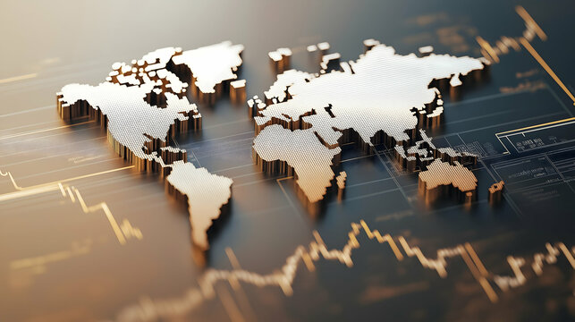 A metallic world map overlaid with digital graphics, symbolizing global finance and technology.