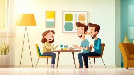 Joyful Family Gathering Around Table Enjoying Creative Activities in Cozy Living Room with Natural Light and Colorful Decor