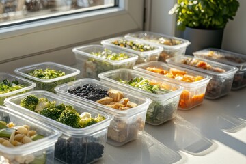 Neatly Arranged Meal Prep Containers with Labeled Calorie Counts on Bright Countertop in Bright Natural Light