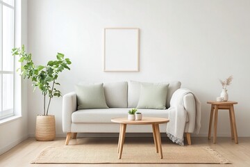 Minimalist living room featuring a light gray sofa, decorative plants, and natural wooden accents