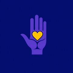 Fototapeta premium Hand of Kindness: A simple yet powerful illustration of a purple hand holding a yellow heart, symbolizing generosity, compassion, and love, set against a deep blue background. 