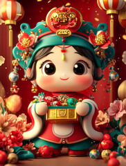 Fototapeta premium Cute character holding festive box, adorned with flowers and decorations, celebrating Lunar New Year 2023. vibrant colors and joyful expression evoke sense of celebration and happiness