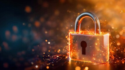 The digital padlock is sleek and modern, with glowing edges that illuminate against a dynamic abstract background