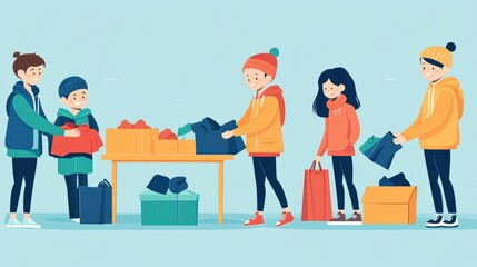 Group of Diverse Individuals Organizing Clothing Donations in a Colorful Community Center with Smiling Faces and Joyful Atmosphere of Giving and Sharing